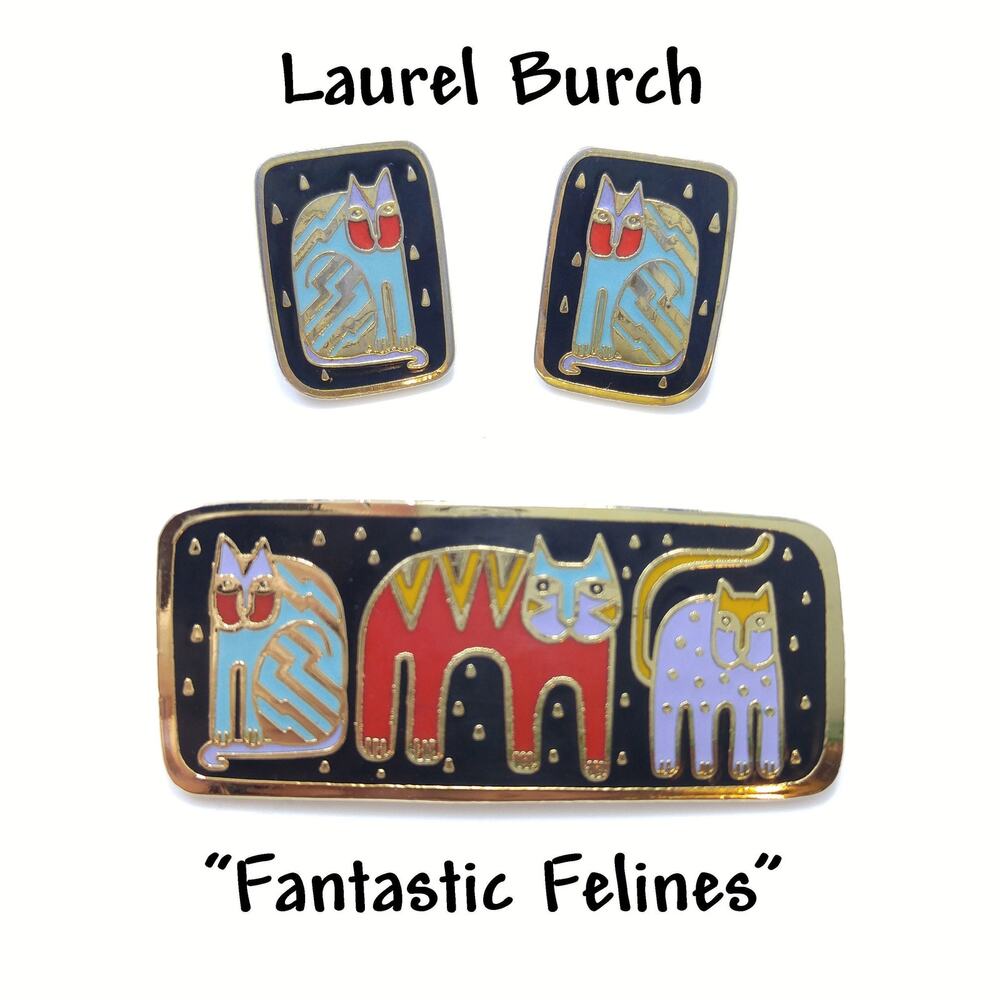 Laurel Burch Fantastic Felines Cat Brooch Pin Earrings Set